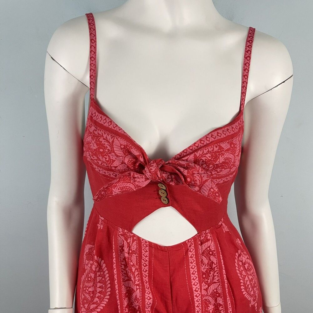 Free People Linen Blend Wide Leg Jumpsuit 0 Red Paisley Cottage Boho Festival - Picture 3 of 15